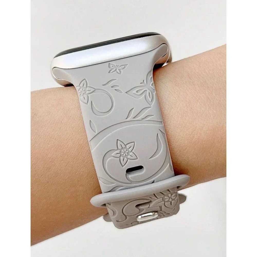 For Apple iWatch Compatible Gray Etched Floral Silicone Watch Band 42/44/45mm